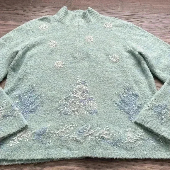 Talbots | Light  blue wool blend embroidery and beaded sweater - Picture 3 of 12